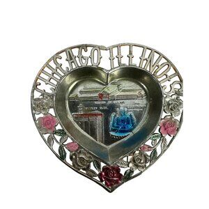 Vintage Chicago Landmarks Heart-Shaped Decorative Metal Plate Souvenir